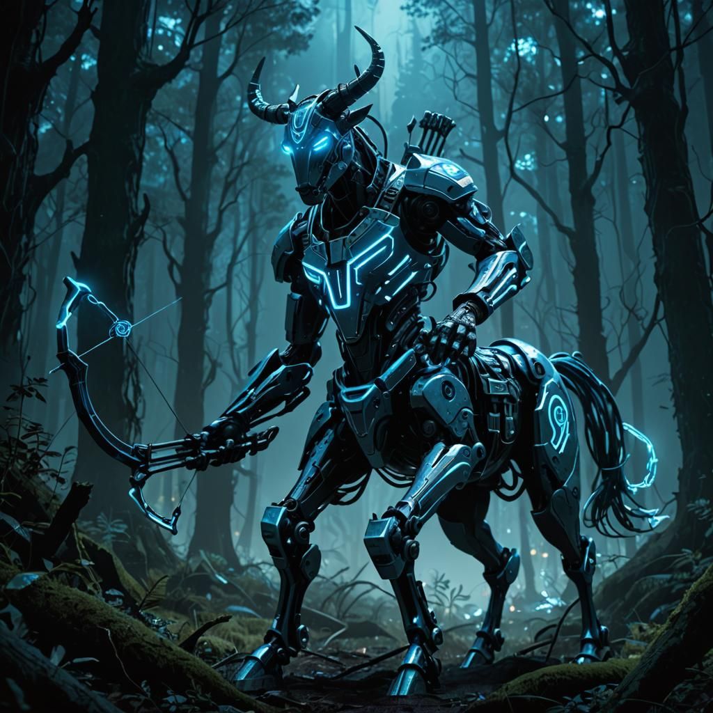 Cybernetic Centaur in Dark Cyberpunk Landscape