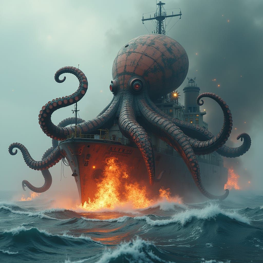 Surreal Robot Octopus King Reigns Amidst Inferno at Sea