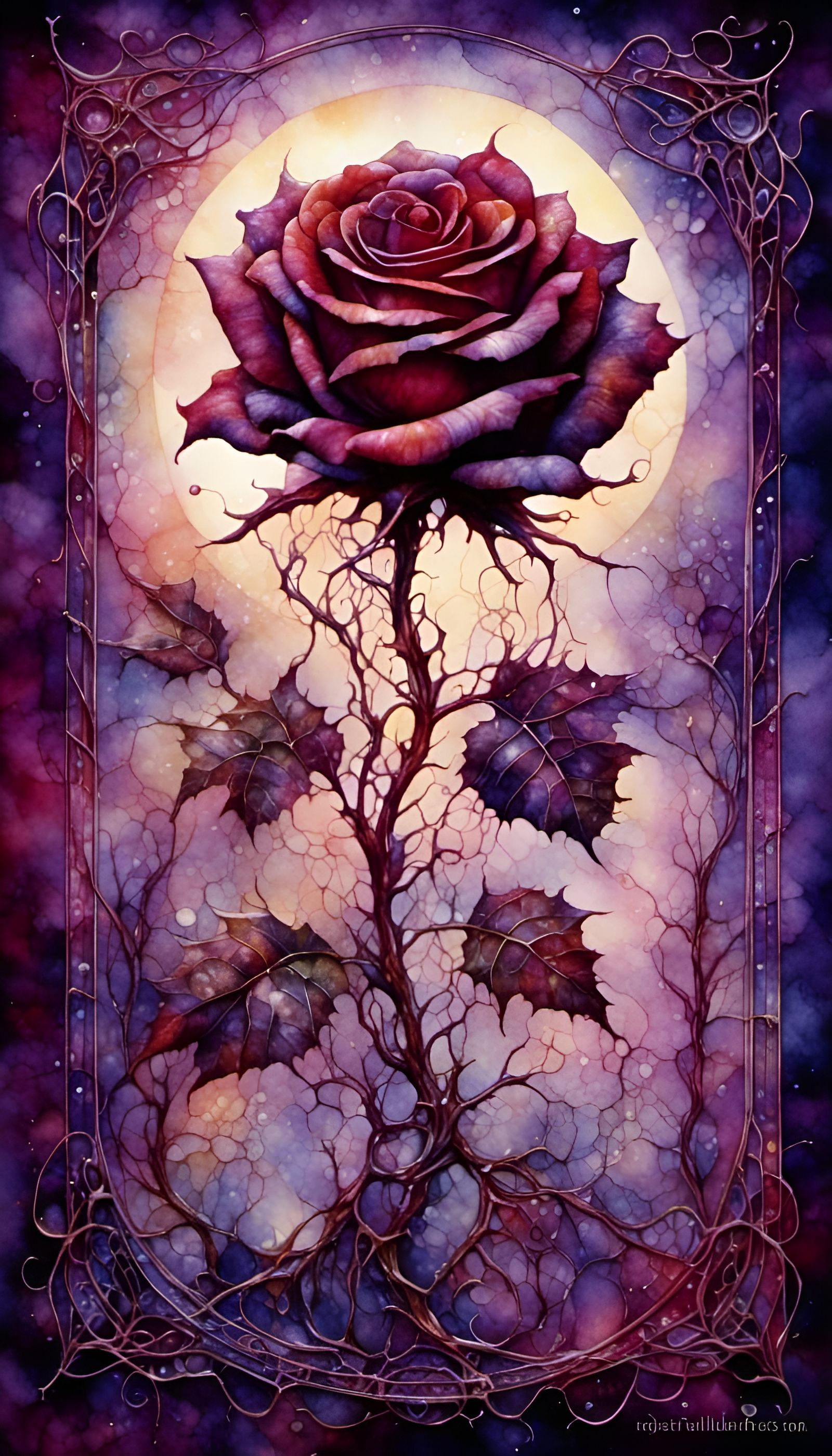 Gothic Rose Watercolor Painting in Crimson and Purple