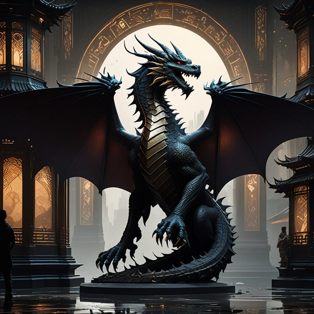 Cyberpunk Fantasy Dragon Soars Over Traditional Chinese City...