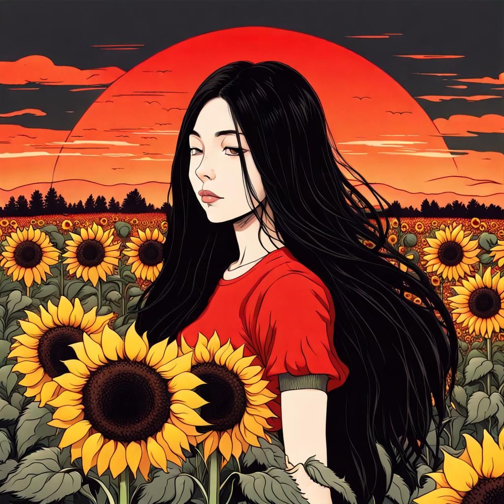 Girl in Sunflower Garden Under Red Sun
