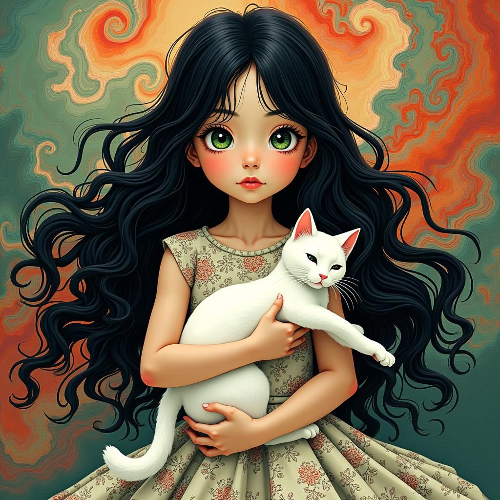 Girl with Cat in Abstract Digital Art Style