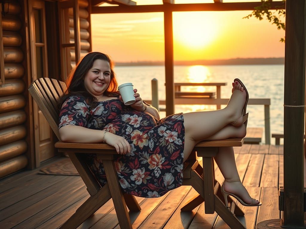 Curvy Woman Relaxing by Lake in Oil Paint Style