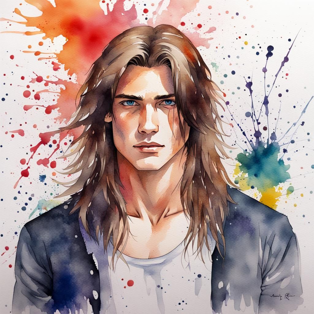 Watercolor Portrait of a Beautiful Androgynous Young Man
