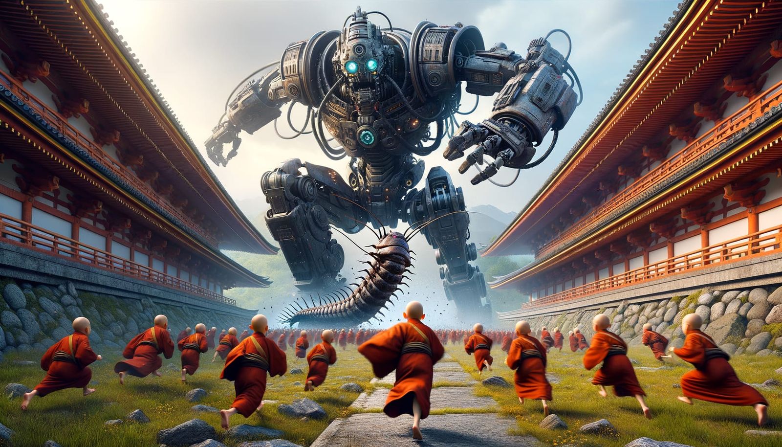 Robot vs. Caterpillar Monster at Shinto Temple