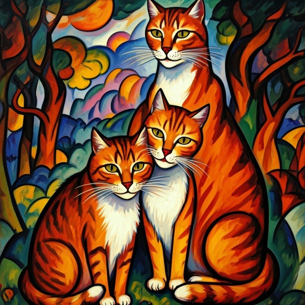 Vibrant Felines in Expressionist Avant-Garde Landscape