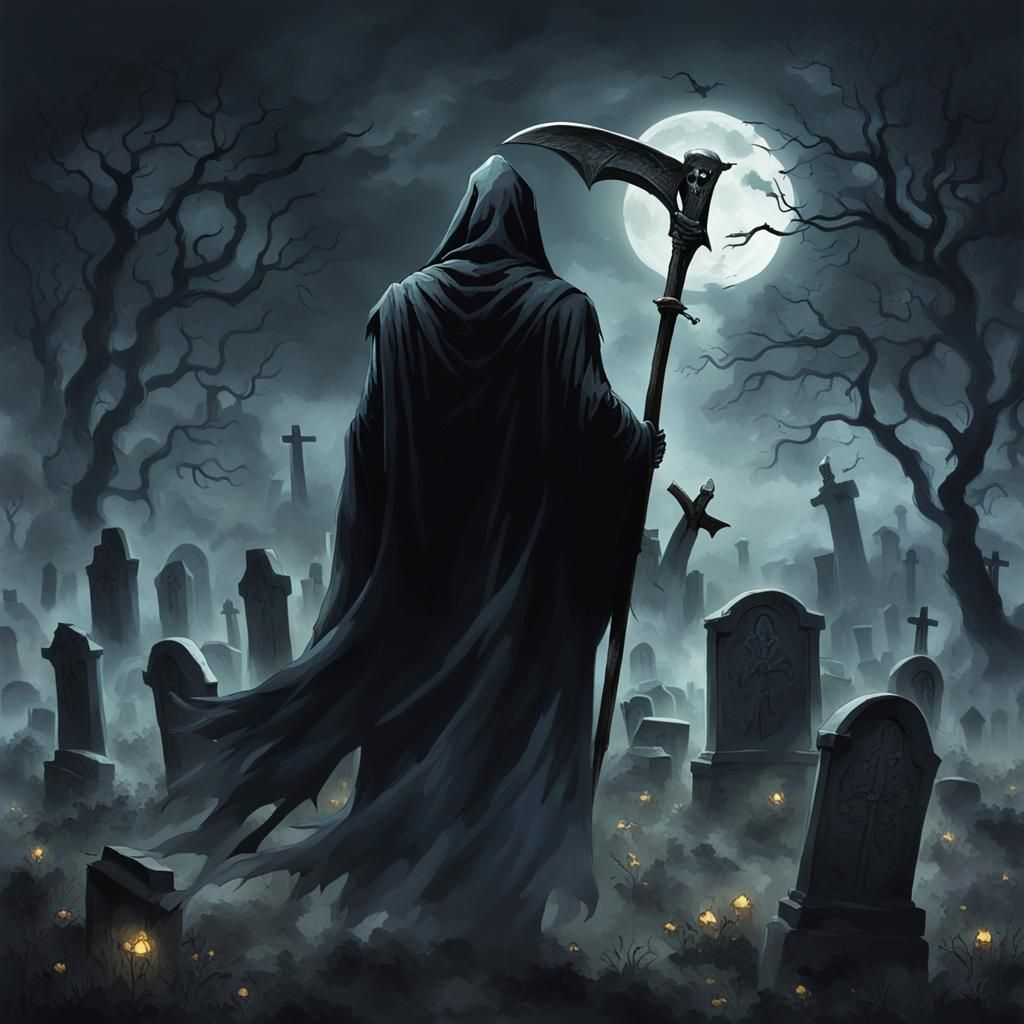 Grim Reaper Leads Souls to Graveyard