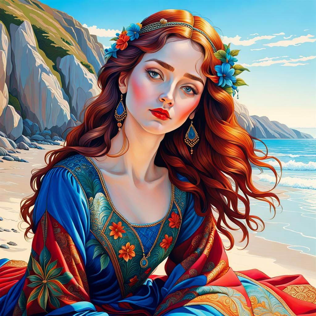 Blue-Haired Woman Relaxing on Exotic Beach