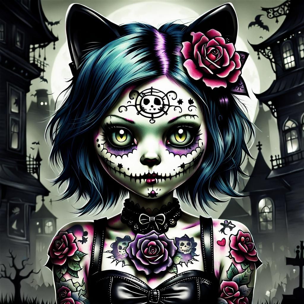 Hello Kitty as Tattooed Goth Zombie