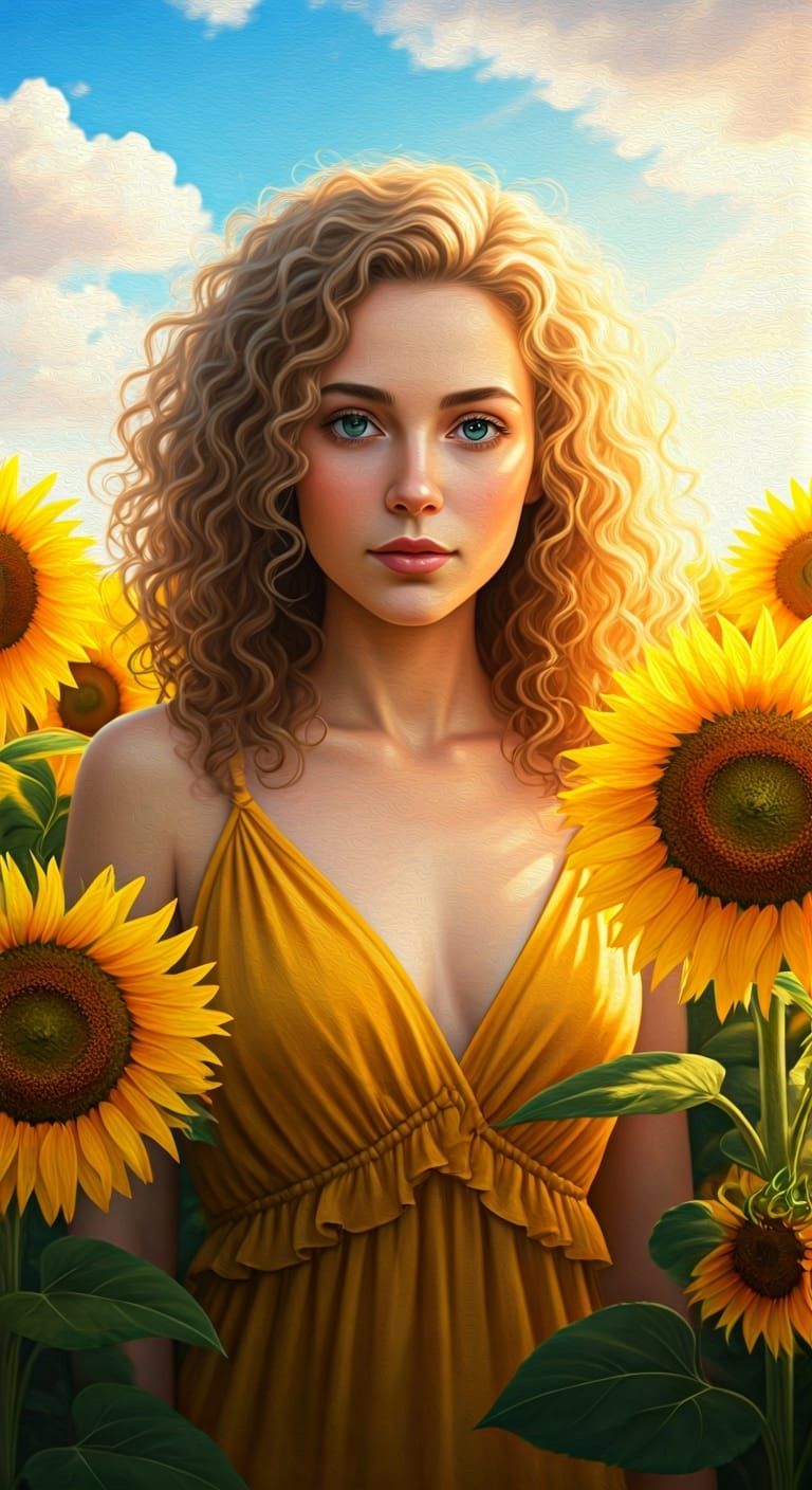Woman in Sunflower Field: Hyperrealistic Impressionism