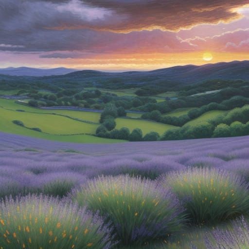 Serene Sunset Lavender Meadow in Monet's Dreamy Style
