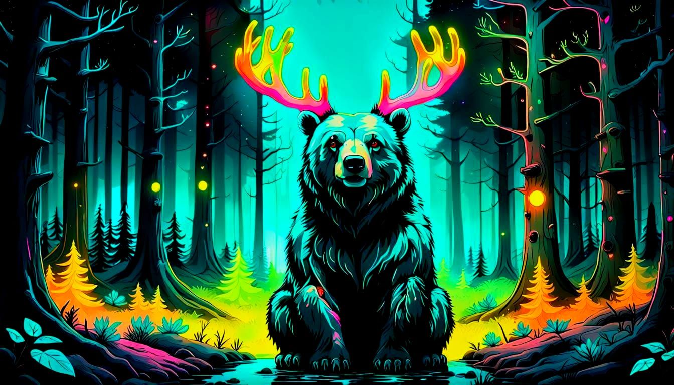 Glowing Neon Bear with Antlers in Blacklight Woods
