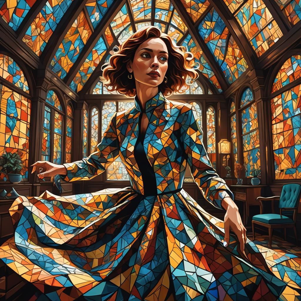 Geometric Woman in Escher-Inspired Fractal Room