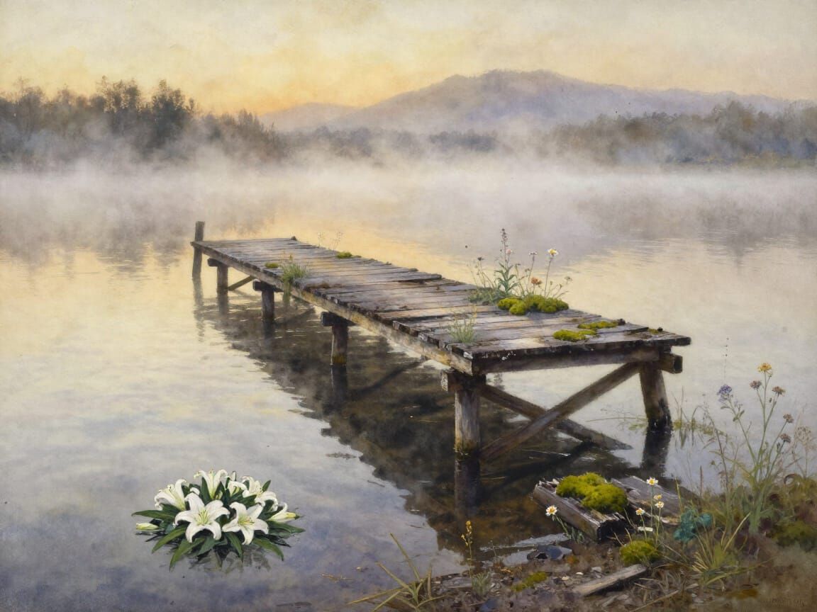 Melancholic Watercolor of Misty Dawn Pier