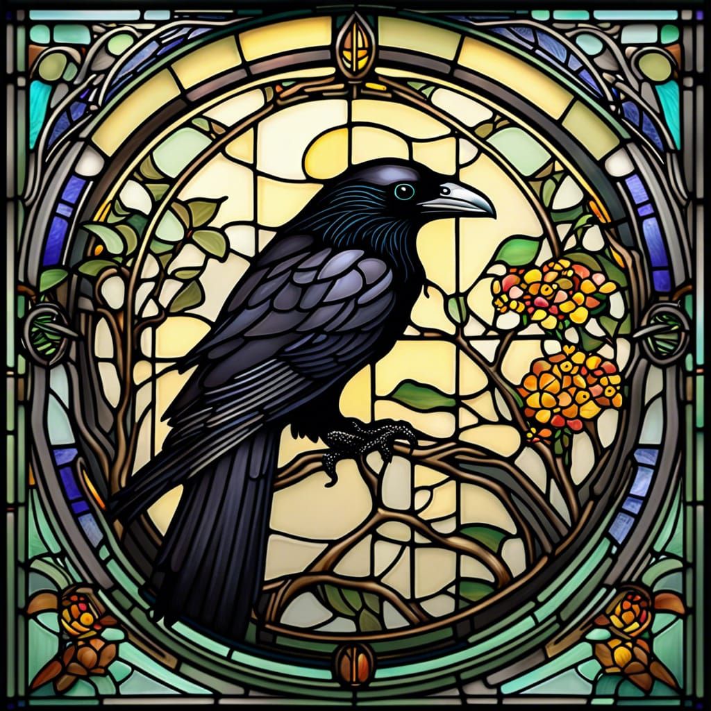 Art Nouveau Raven and Ferret in Stained Glass Style