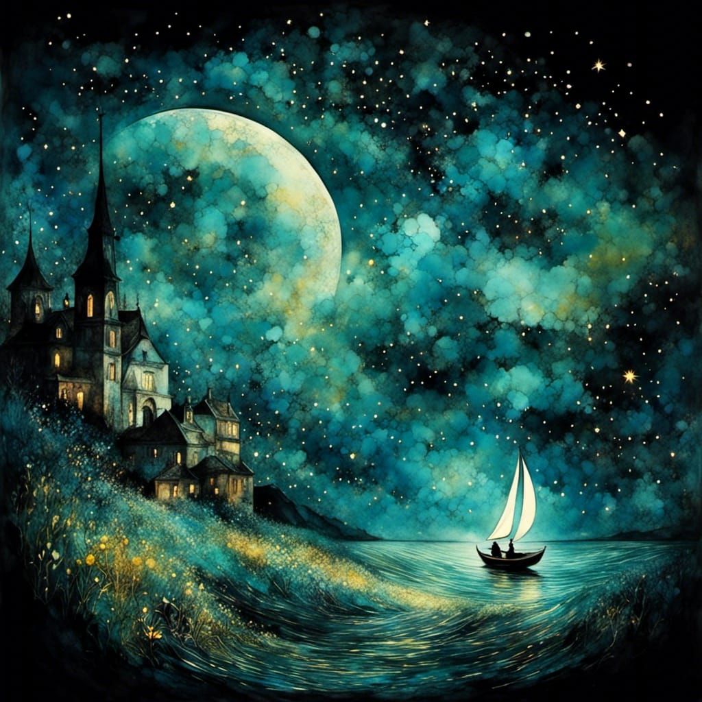 Sailboat Silhouetted in Starry Midnight Sky