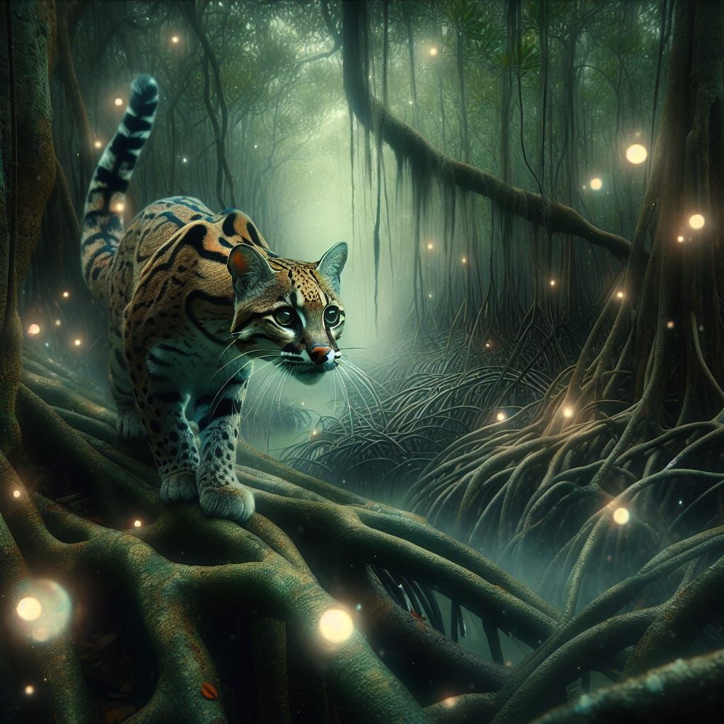 Whispering Ocelot Amidst Foggy Mangrove Roots