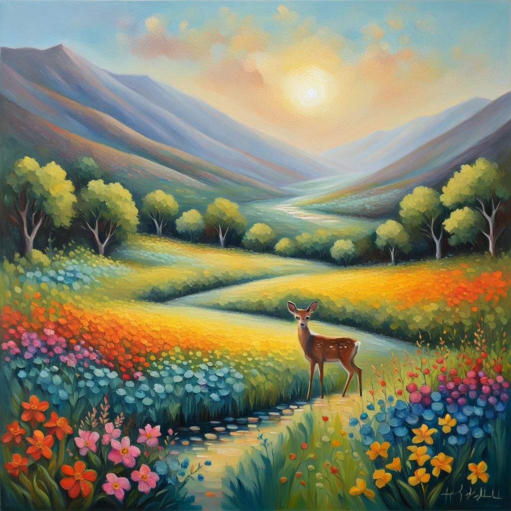 Lush Valley Oil Painting with Deer and Wildflowers