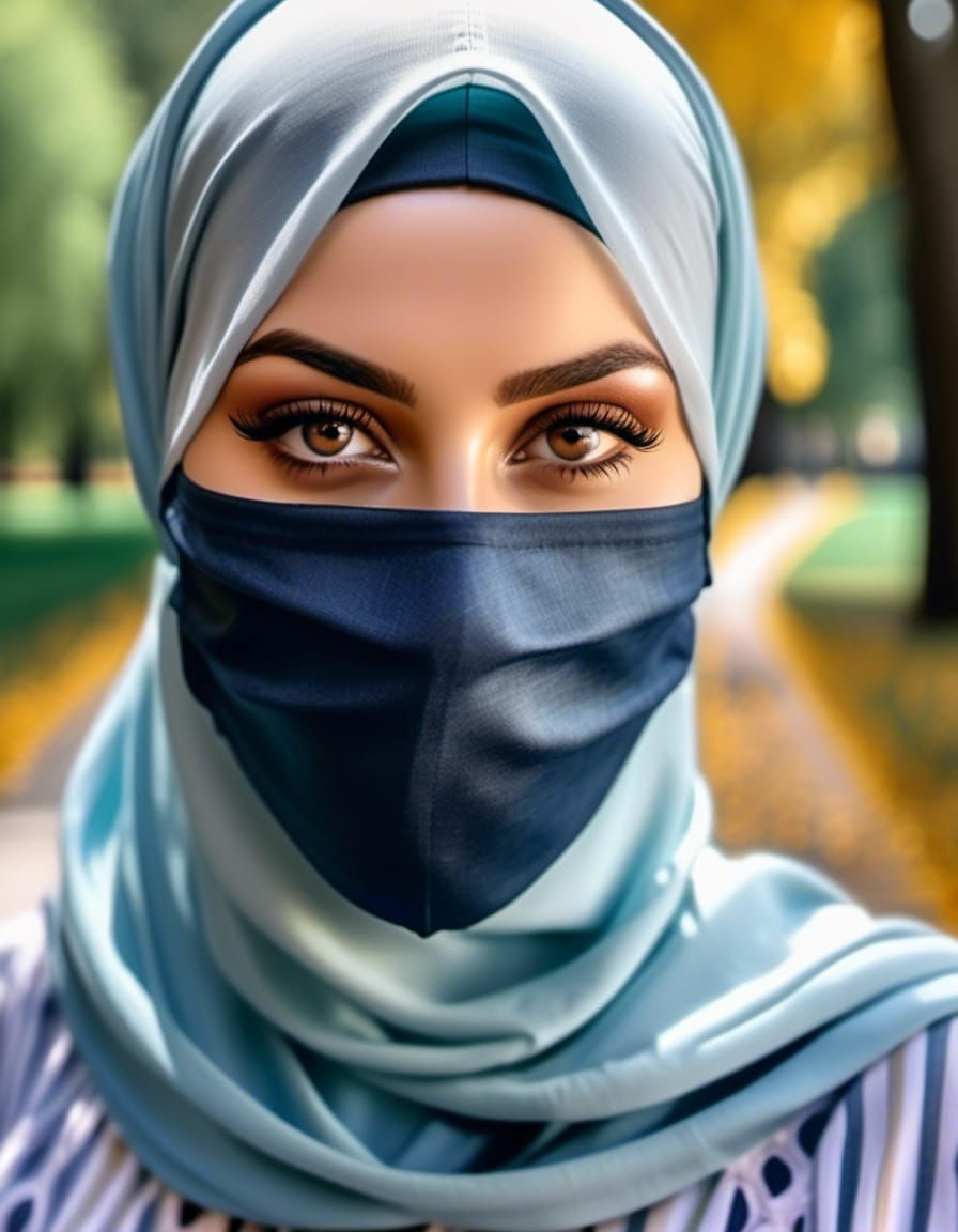 Charming Masked Hijabi Woman Portrait in Watercolor