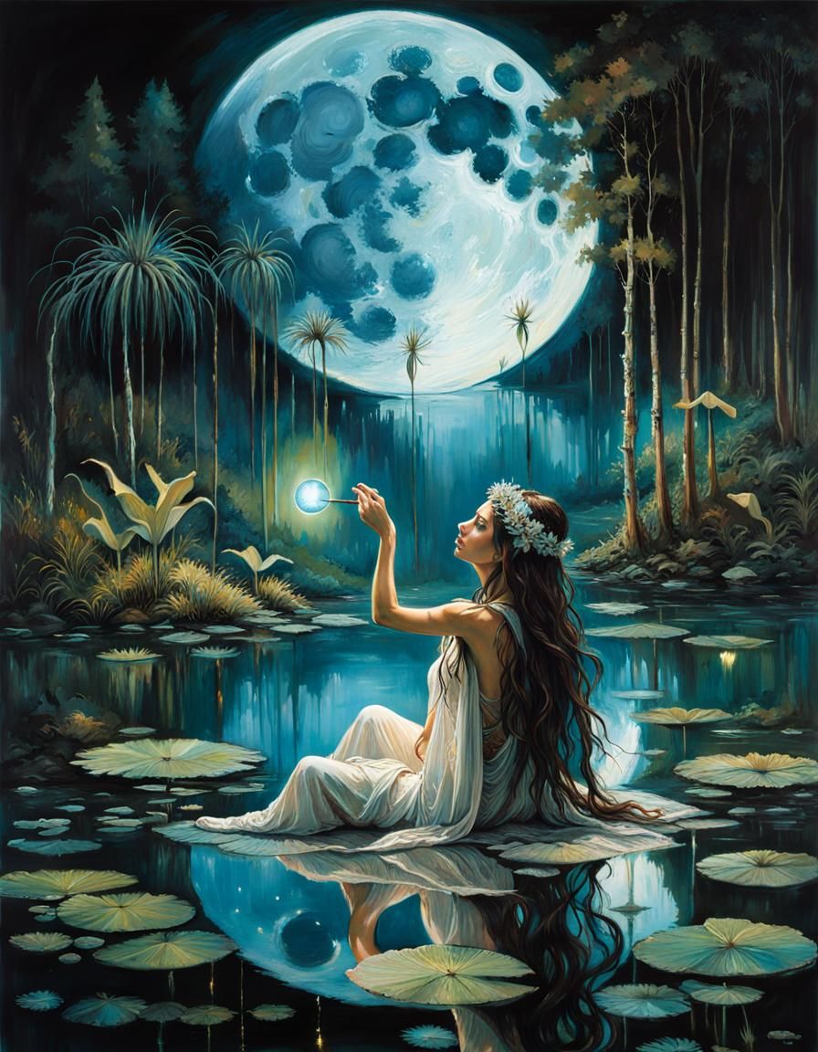 Bioluminescent Moon Goddess Reflection in Dark Fantasy Style