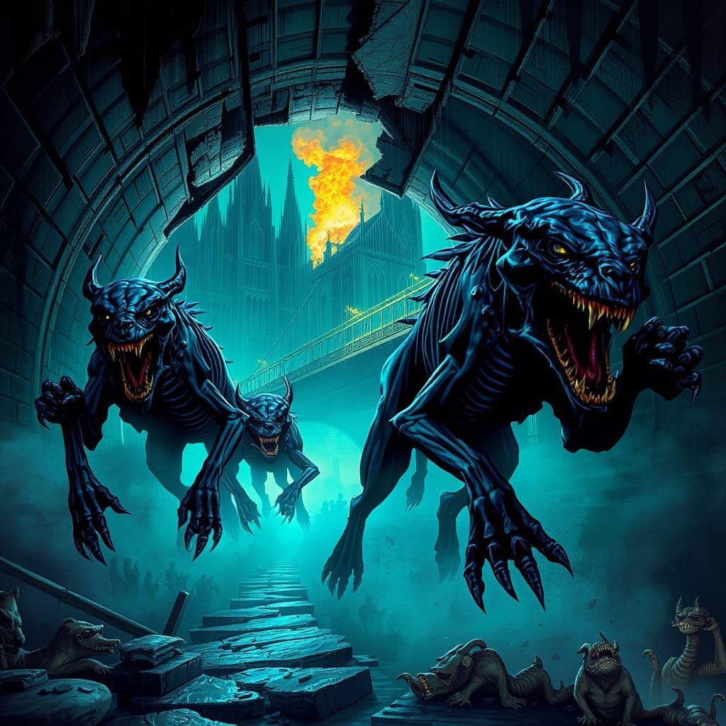 Demonic Hounds Emerge in Gothic Cityscape