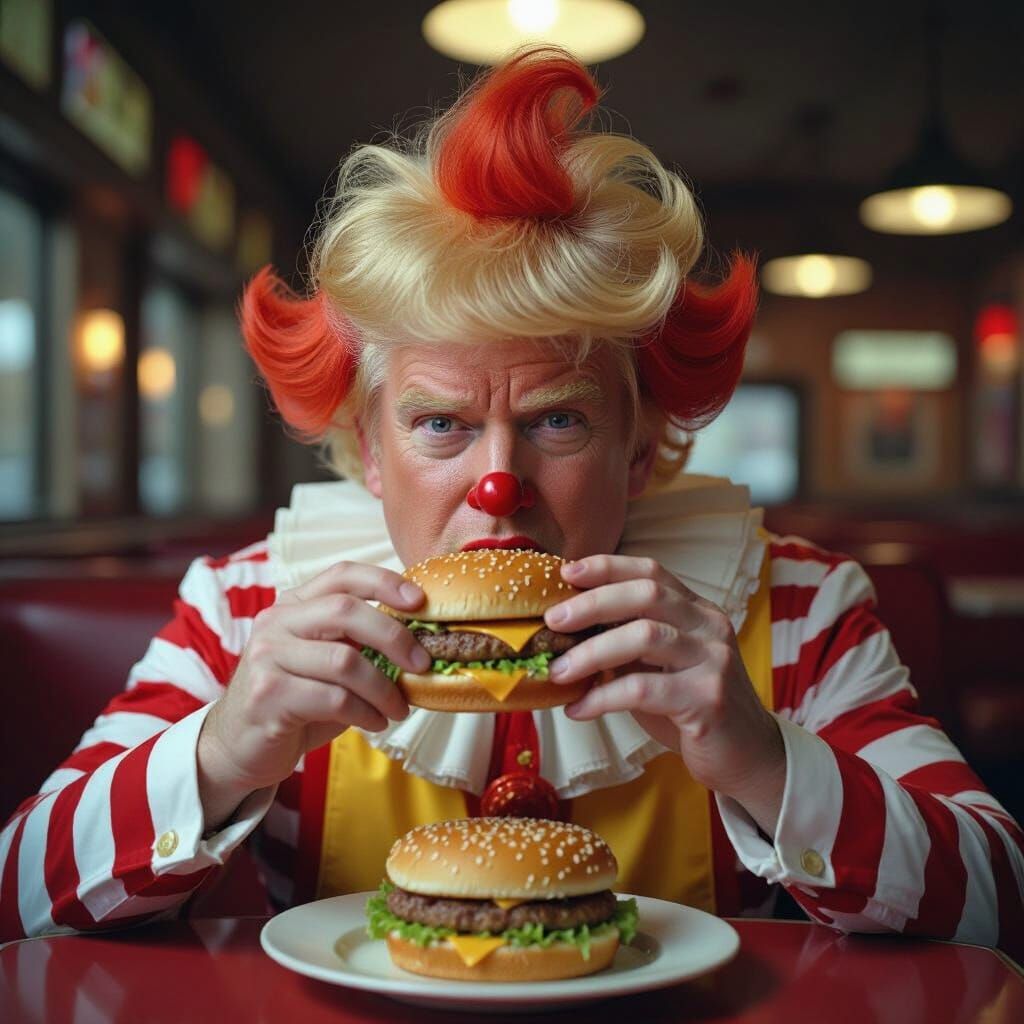 Donald Trump as Ronald McDonald Eating a Hamburger