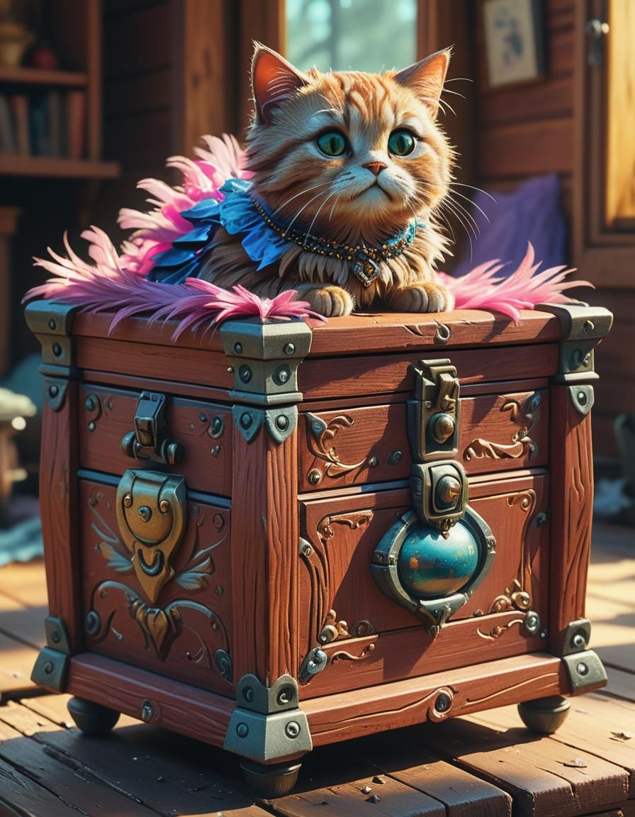 Anthropomorphic Cat Princess on Magic Chest, Hyper-Realistic