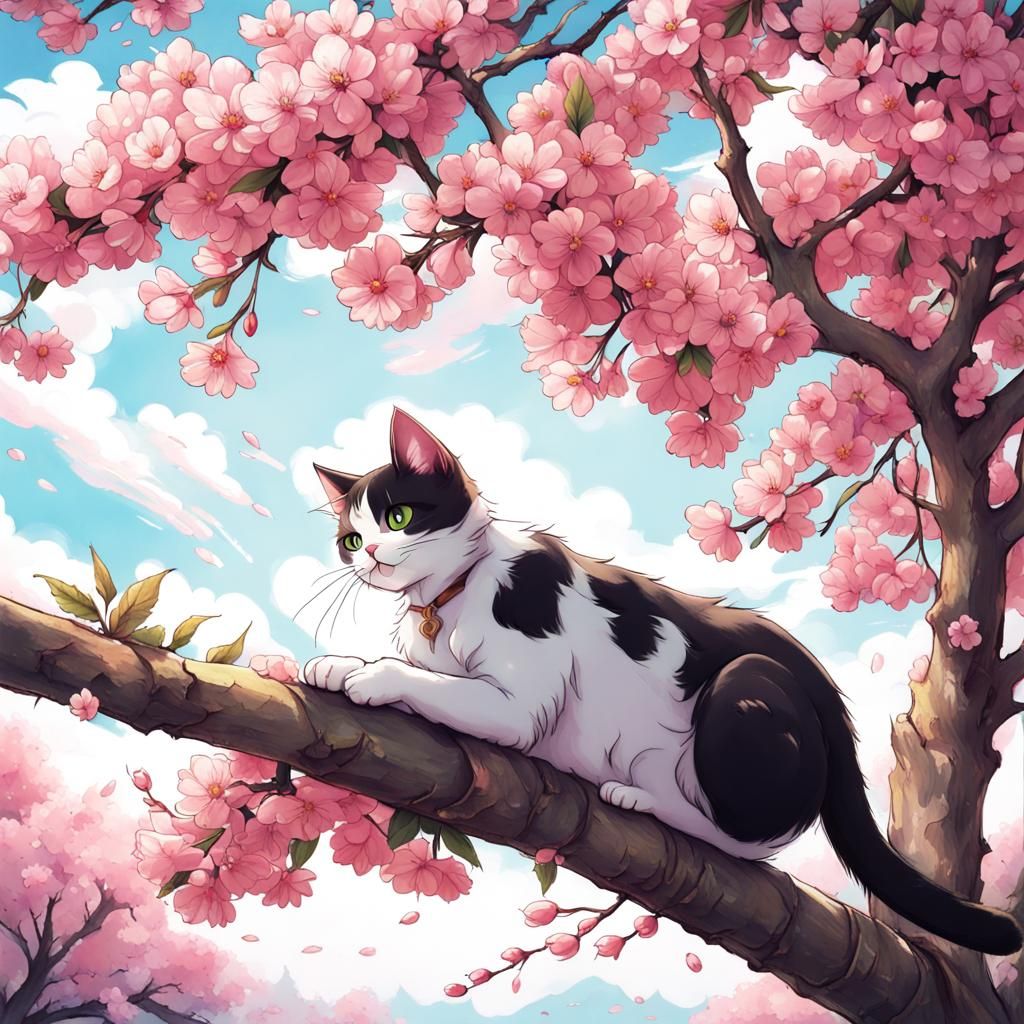 Cat Climbing Cherry Blossom Tree in Anime Style