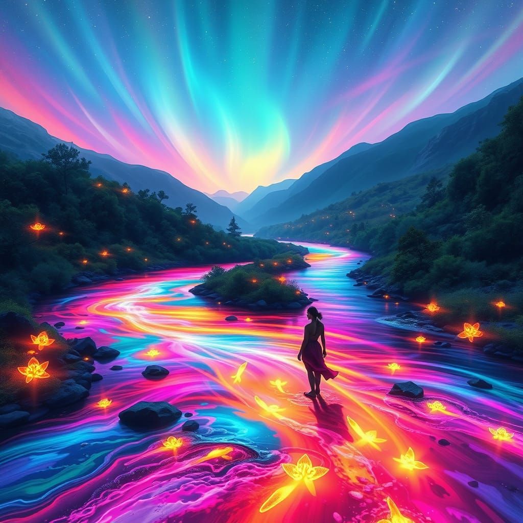 Ethereal Rainbow River in Vibrant Valley Landscape