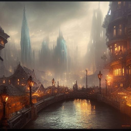 Steampunk Cityscape Concept Art: River of Dreams