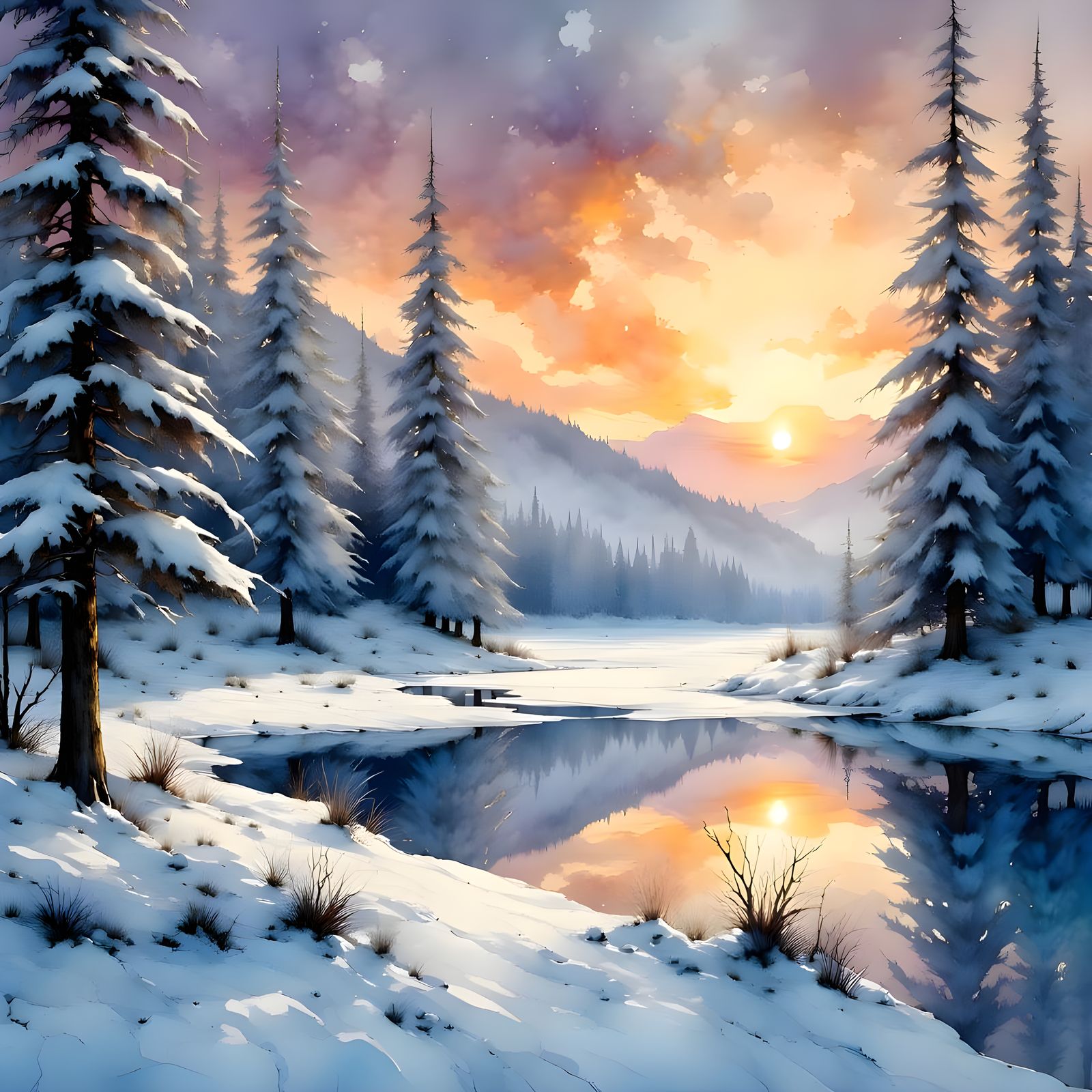 Surreal Winter Wonderland in Impasto Style with Icy Lake and...
