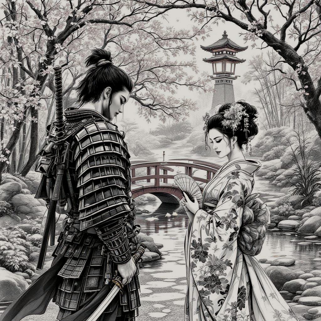 Samurai in Zen Garden, Traditional Japanese Ink Painting