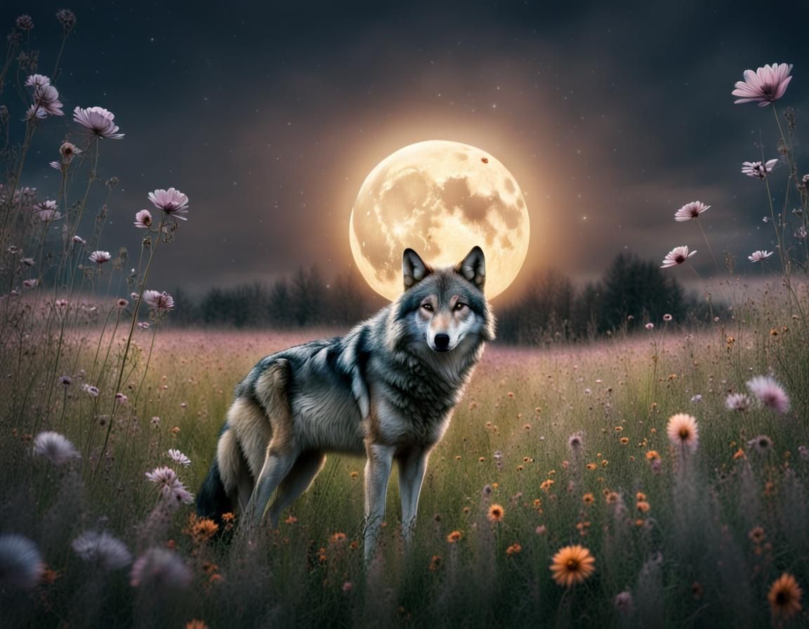 Dramatic Wolf Howling at Full Moon Digital Painting
