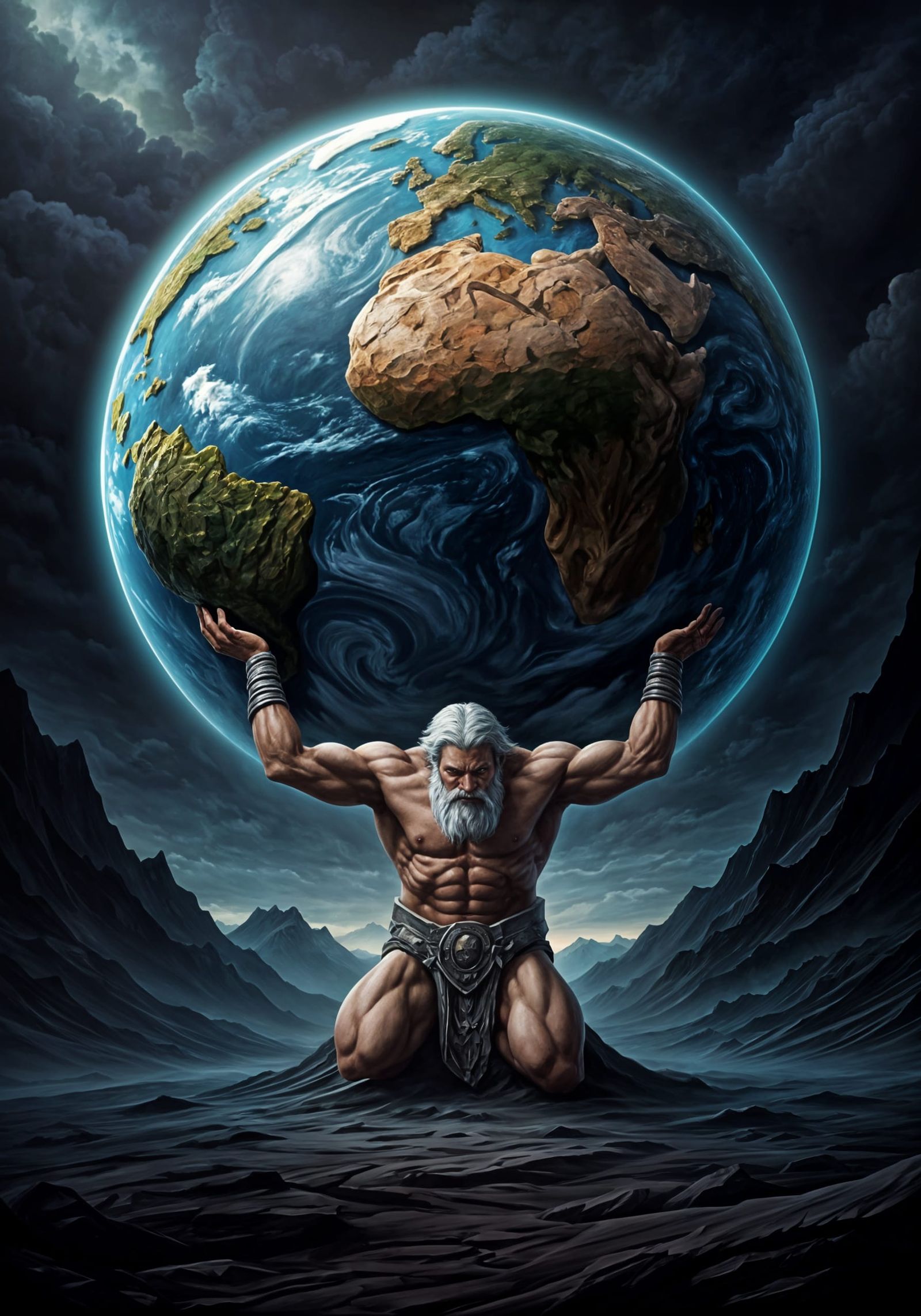 Atlas Bears the Weight of the World in Dark Fantasy Oil Pain...