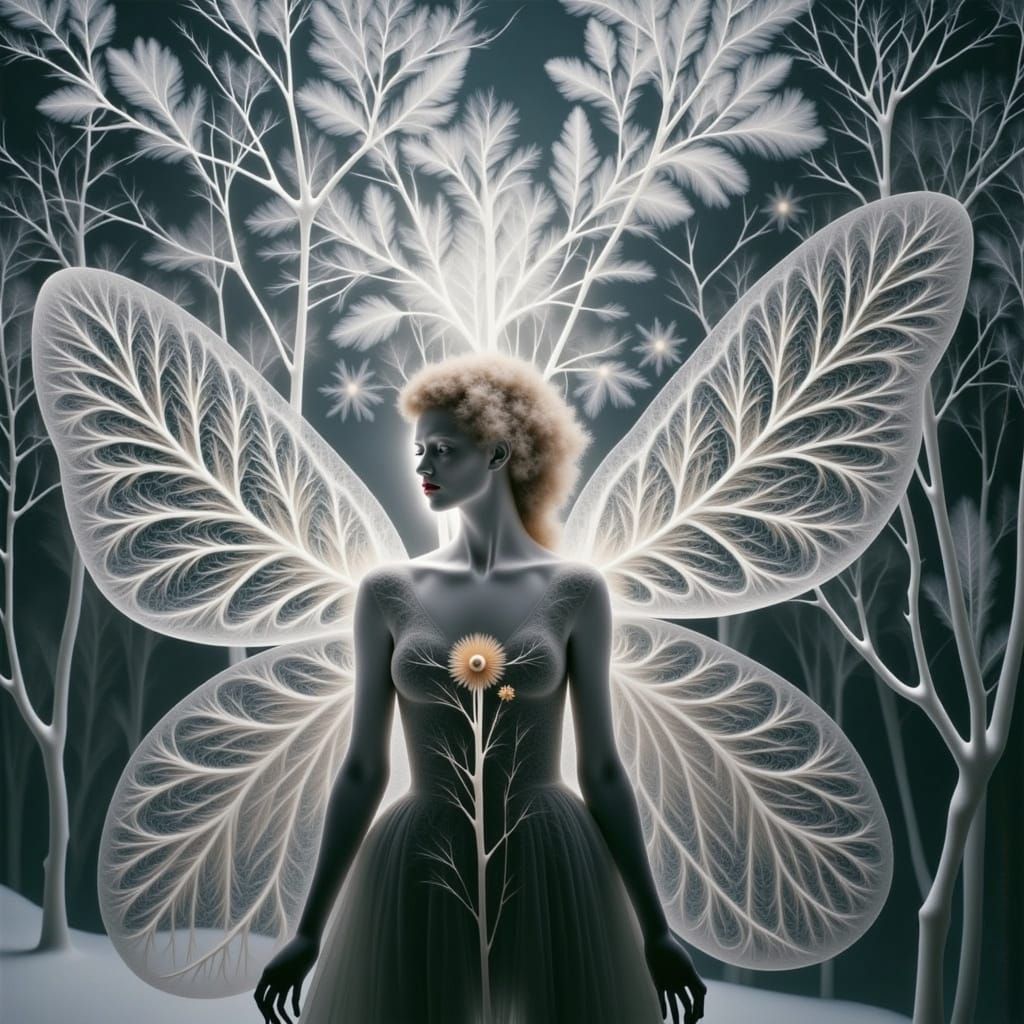 <lora:Winter PG 2:1.0> <lora:Winter Photogram 2:1.0> <lora:Frost:1.0> Infrared  photography, Portrait of a Snow fairy wo...