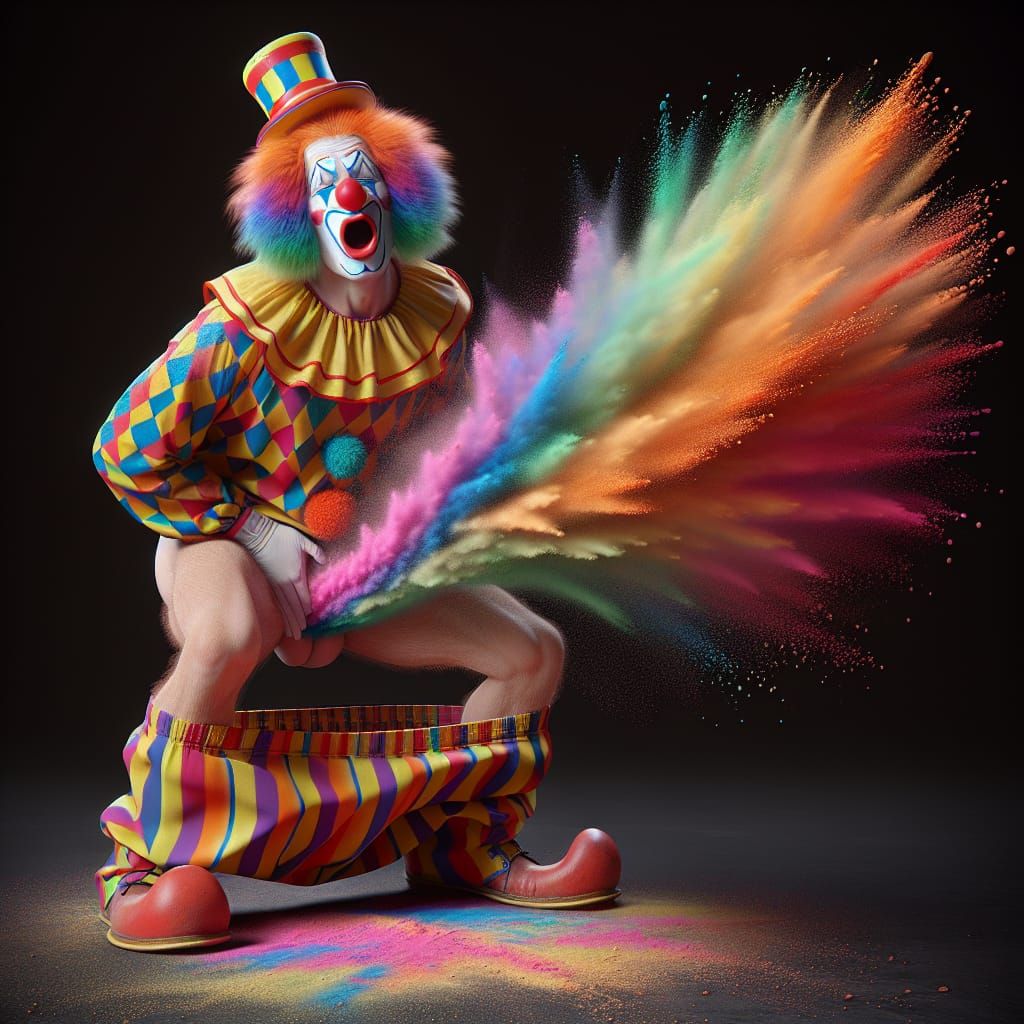 Photorealistic Circus Clown Emitting Multicolored Powder