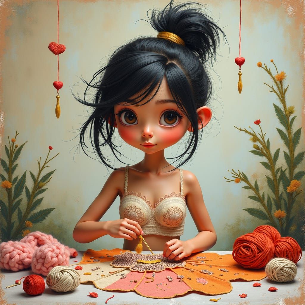 Girl Crafts Bra: Whimsical Illustration with Vibrant Colors
