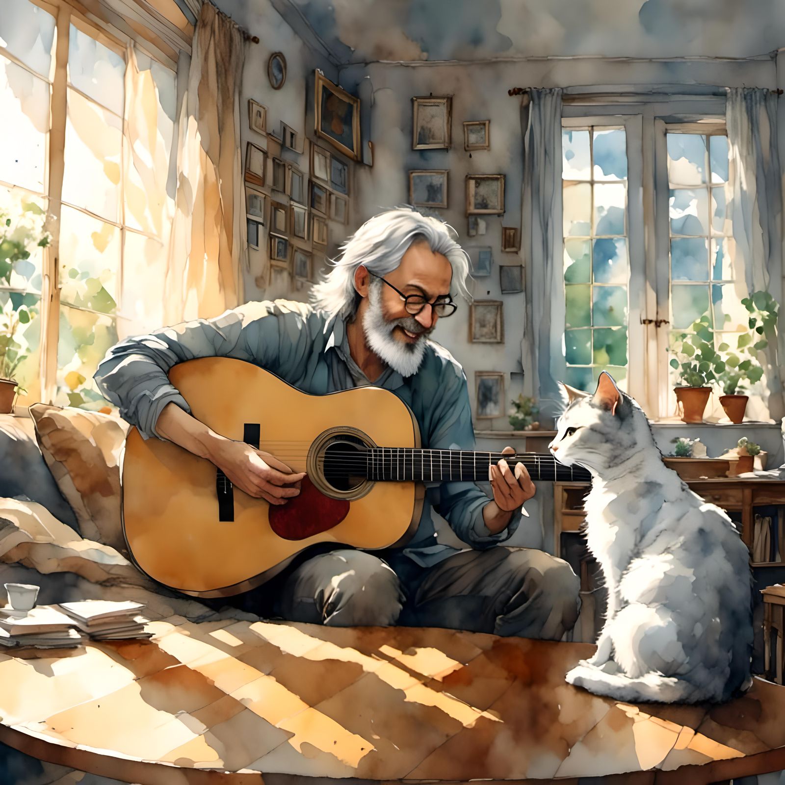 Man Plays Guitar for Cat in Sunlit Room