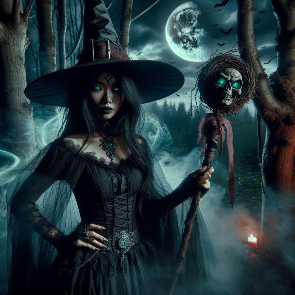 Menacing Witch in Foggy Forest with Glowing Eyes