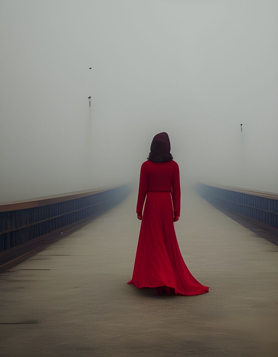 Ethereal Woman on Pier in Heavy Fog