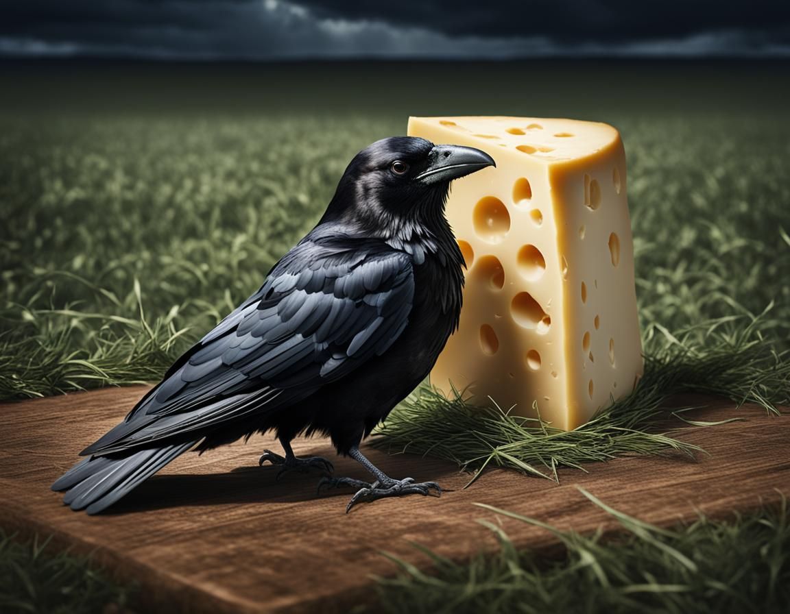 Crow Feasting on Swiss Cheese: Surreal Photorealistic Art