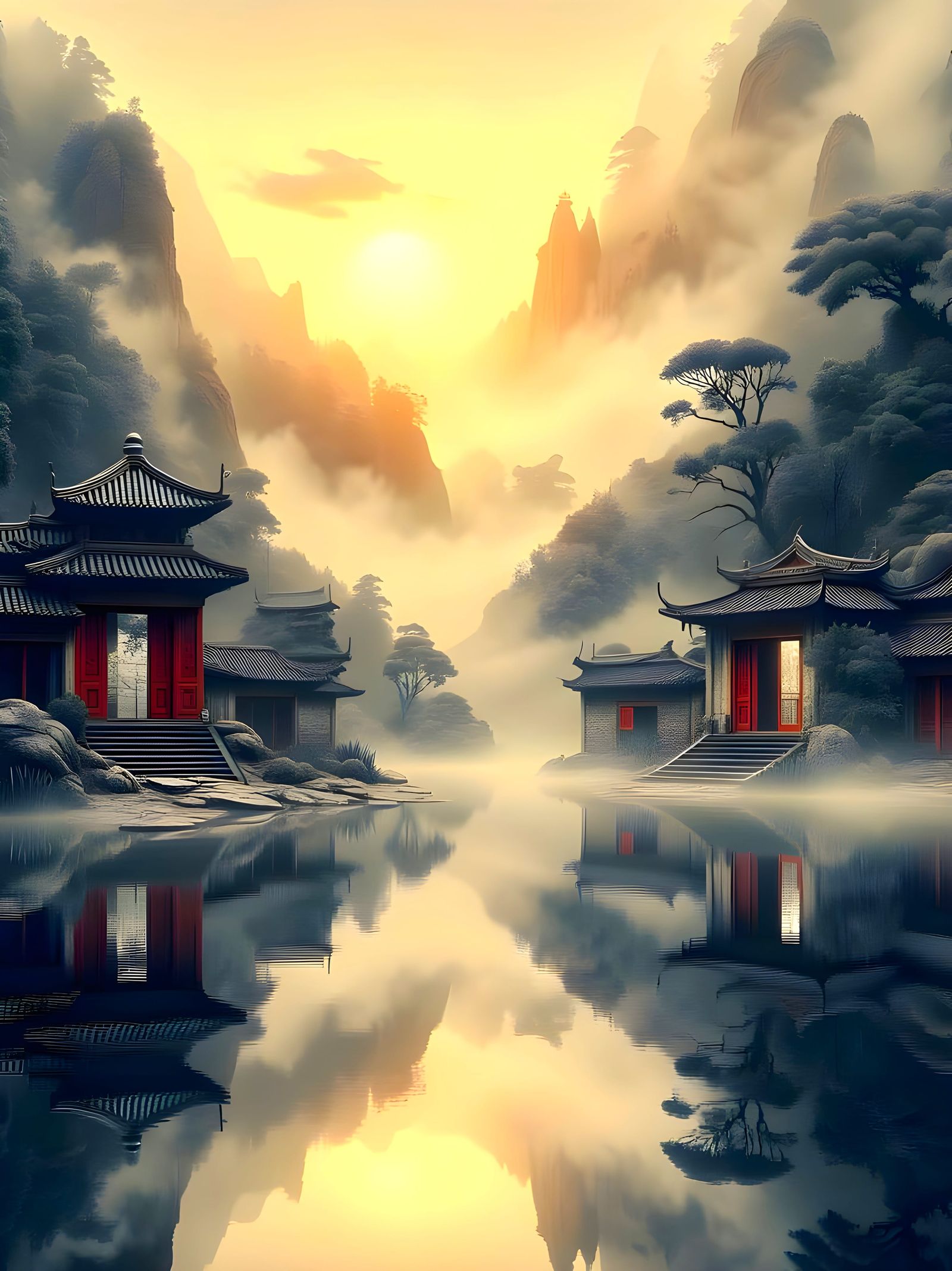 Dual City Reflection on Luminous Lake at Dawn