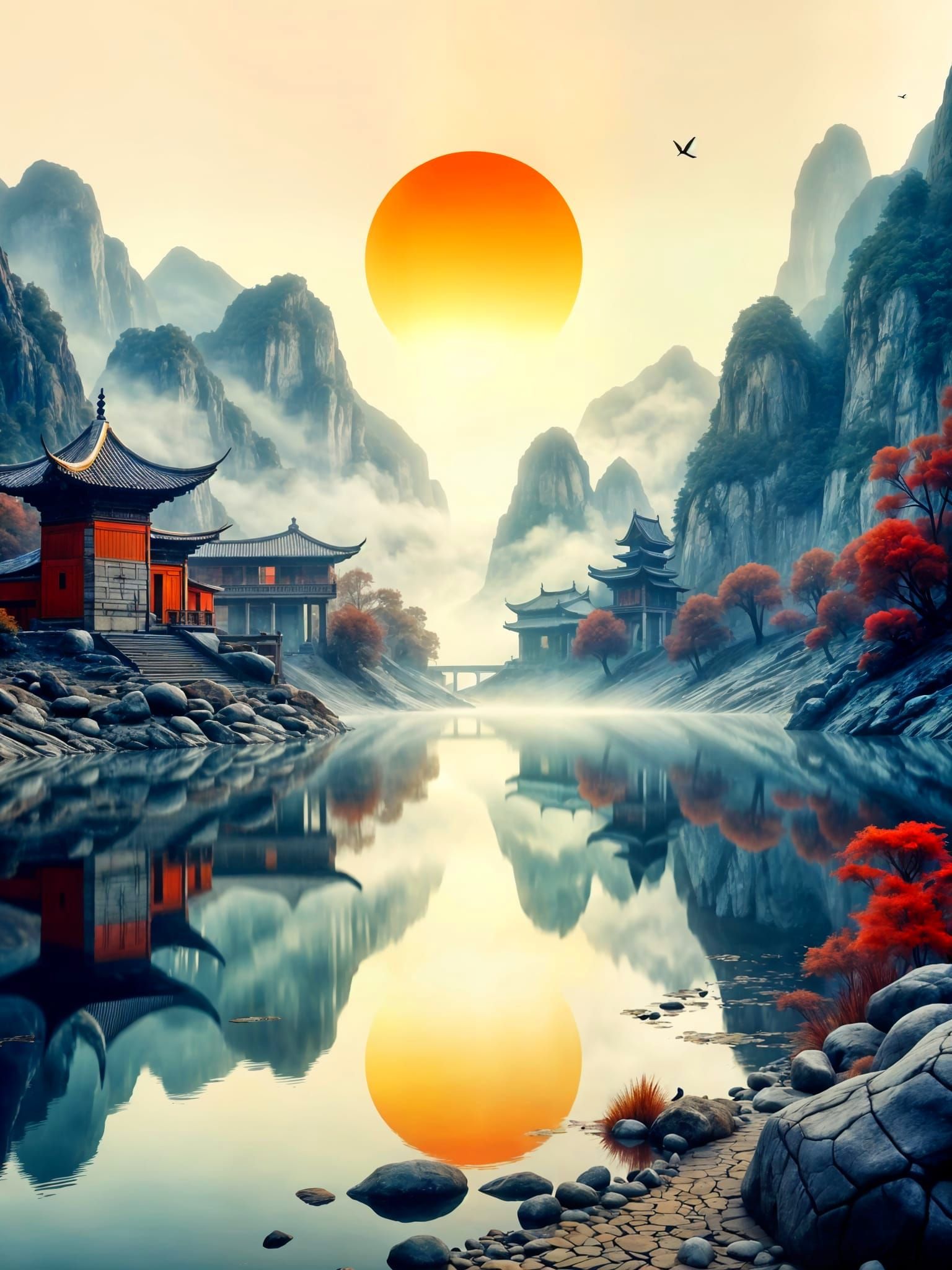 Dual City Reflection on Dawn Lake, Ink Wash Style