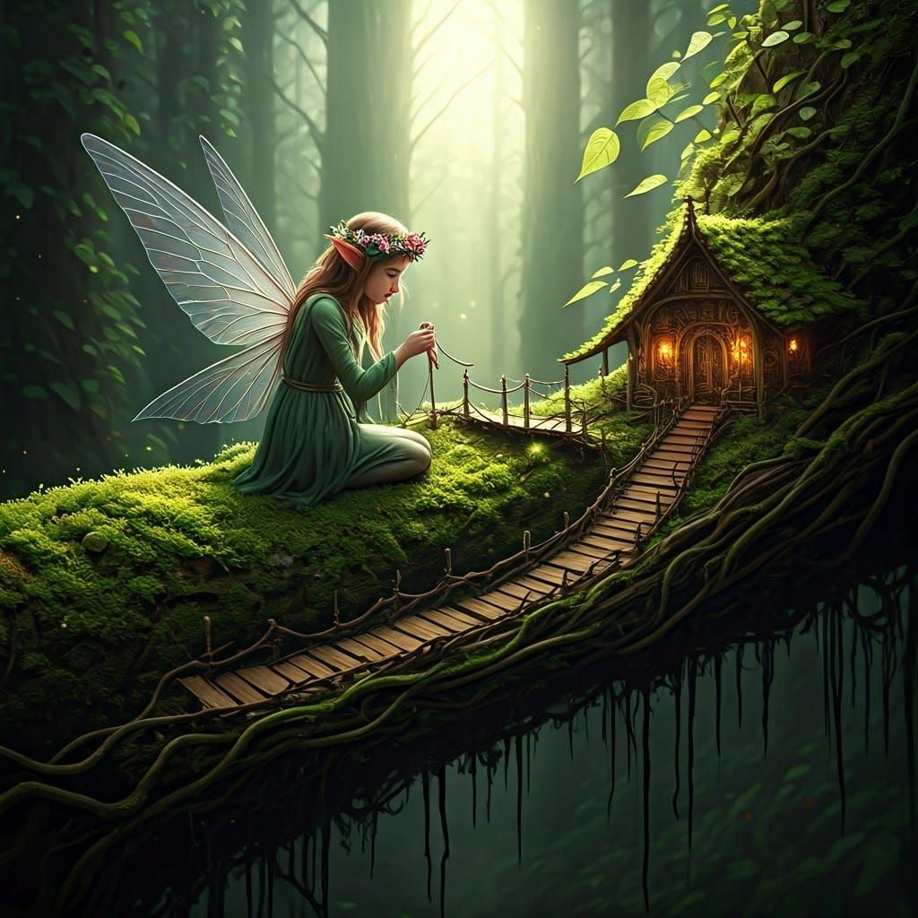 Fairy Carving Miniature Village in Ancient Tree Branch