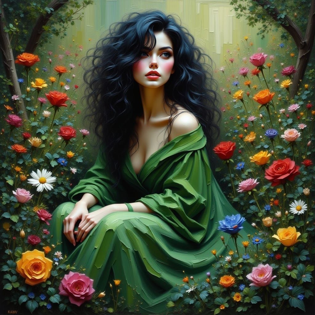 Mother Earth: Woman in Green Robe with Flowers