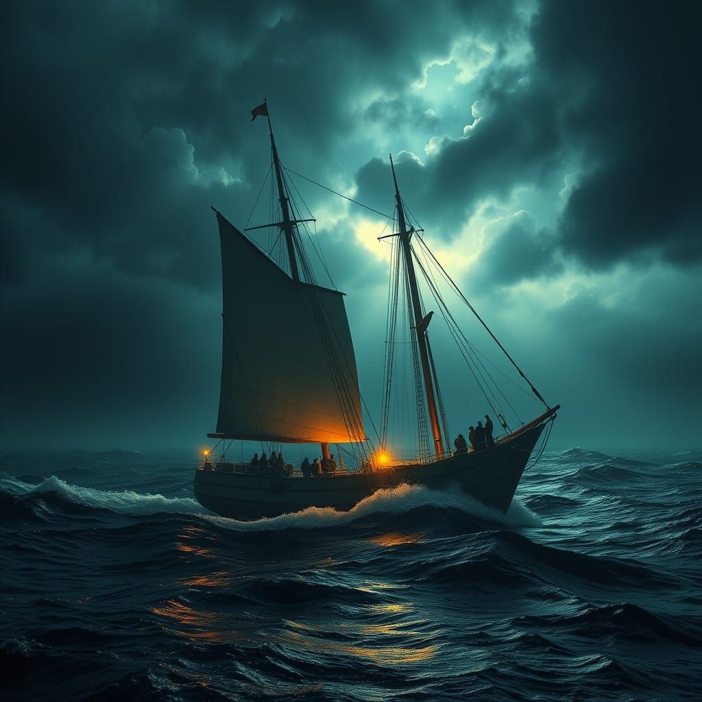 A Dramatic Ship Battles Towering Waves Under a Haunting Moon...