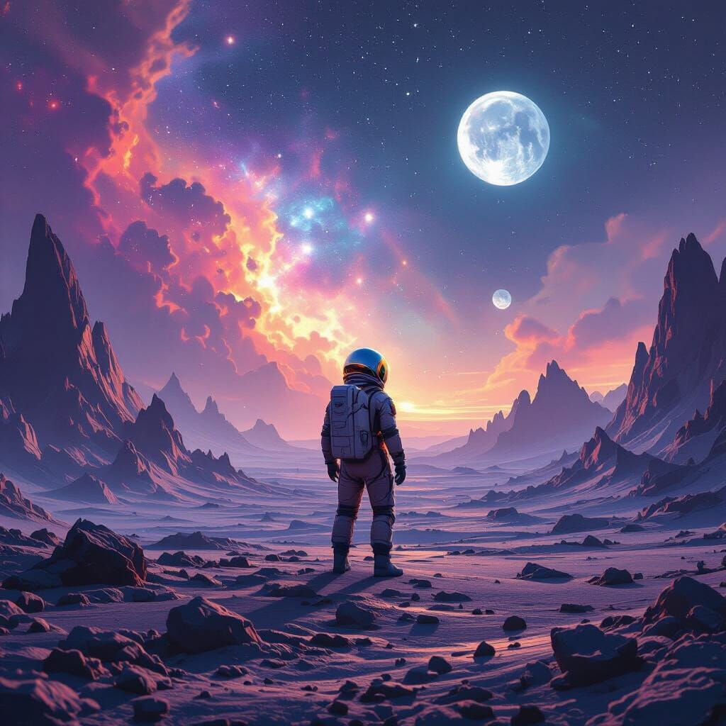 Astronaut on Alien Planet Reflecting Nebula