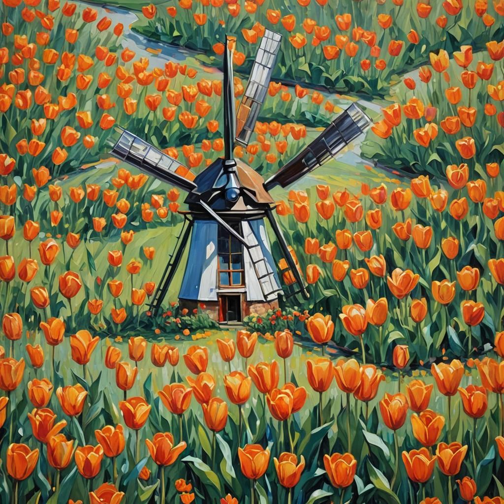Windmill in Tulip Field: Neo-Impressionist Oil Painting