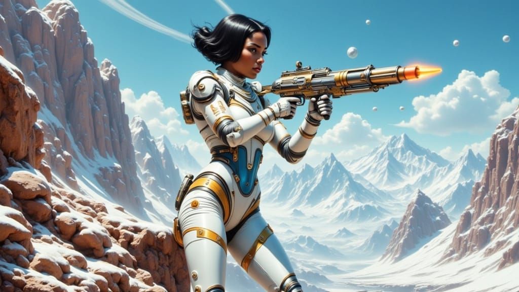 Retro-Futuristic Woman Warrior on Mountain Landscape