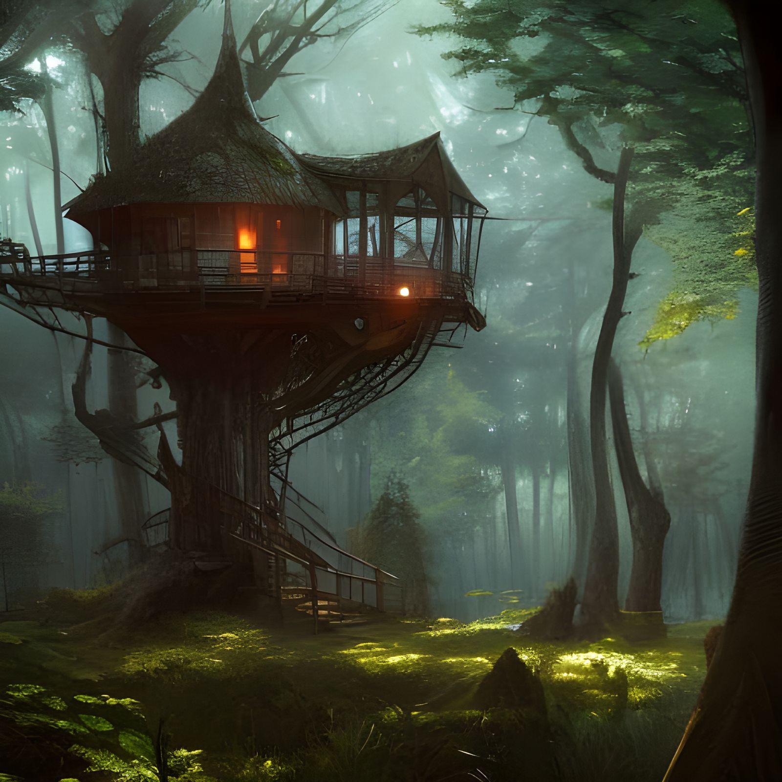 Fantasy Treehouse in Forest, Detailed Concept Art